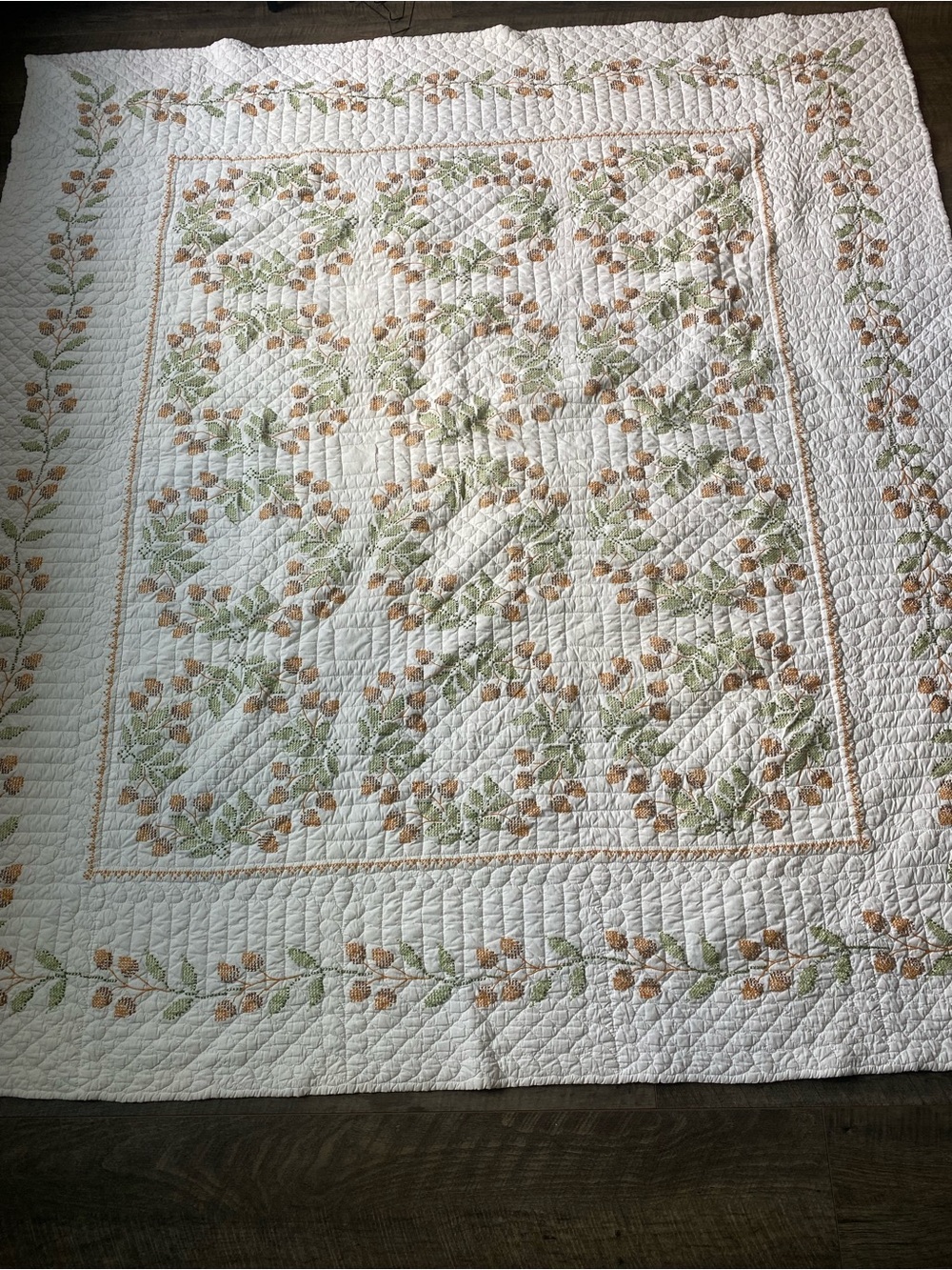 Hand-Quilted Floral Vine Quilt in Cream and Green Vintage 1960s